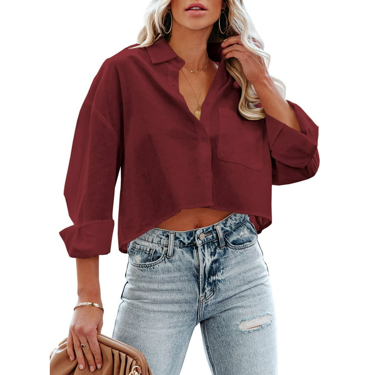 Sherrylily Womens Button Down Cropped Crop Tops Lapel Shirt with Chest  Pocket