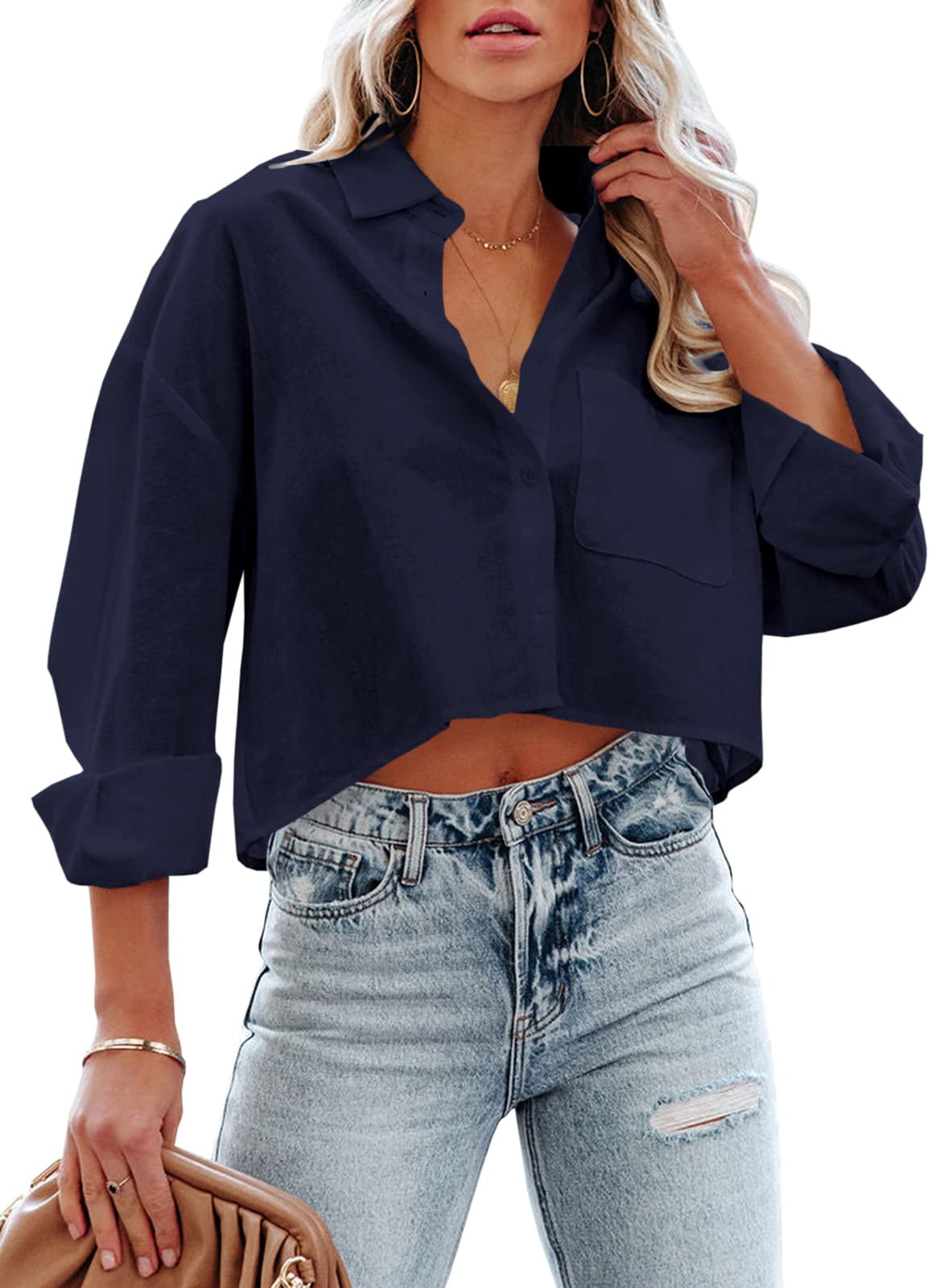 Sherrylily Womens Button Down Cropped Crop Tops Lapel Shirt with Chest  Pocket 