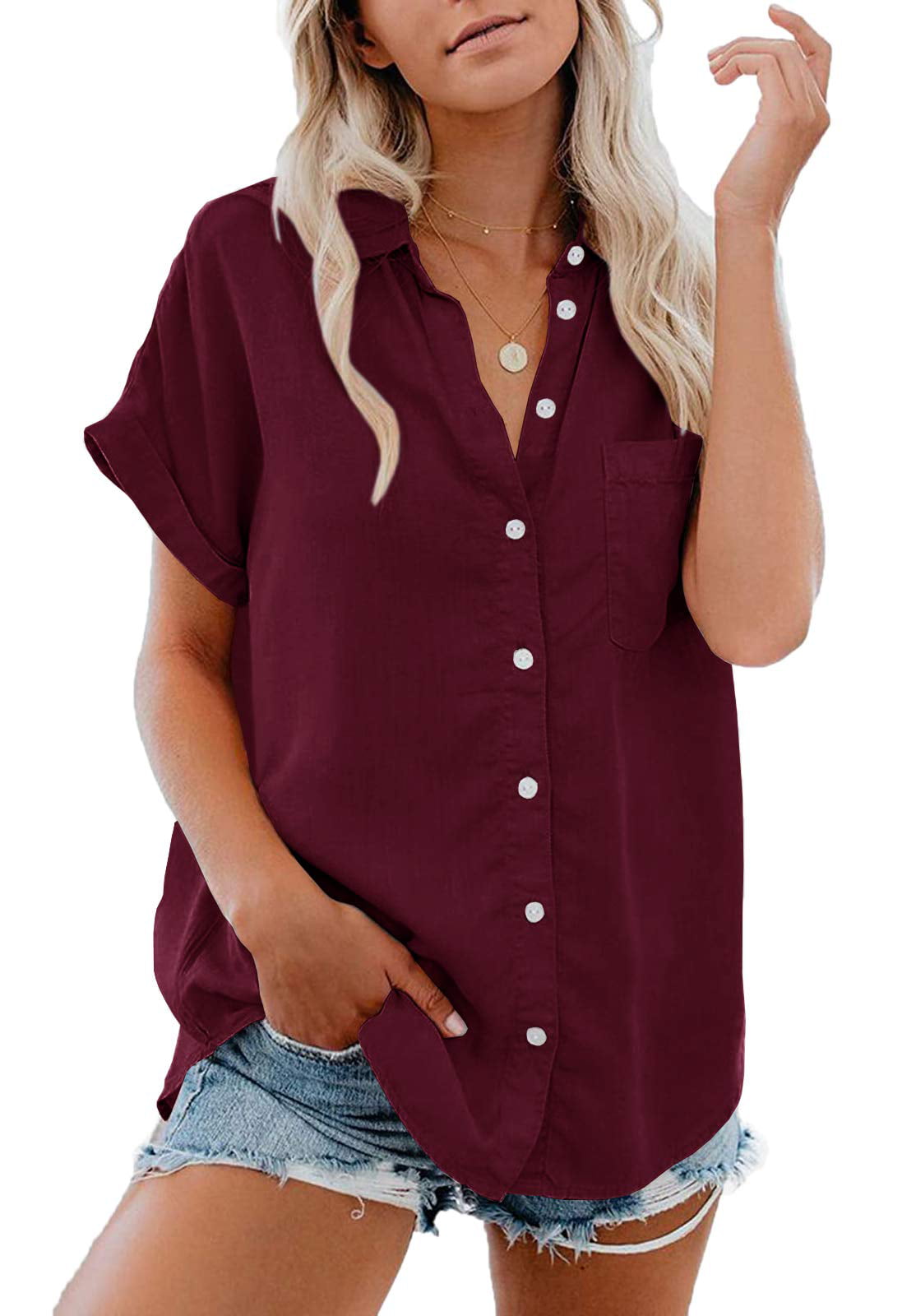 Sherrylily Womens Button Down Shirts Pocket Cap Sleeve Summer Tops 