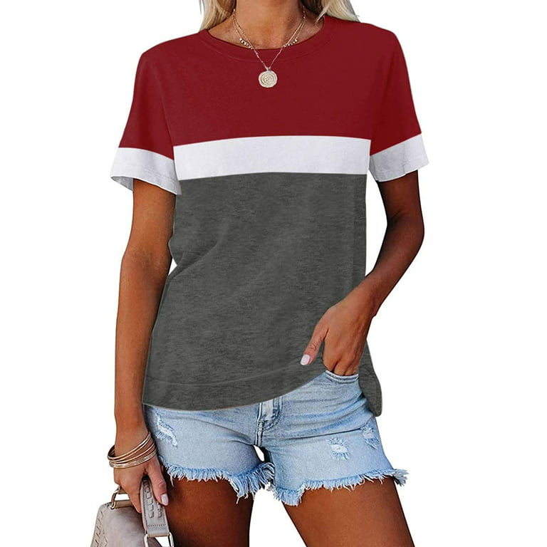 Sherrylily Womens Color Block Short Sleeve Tops Crew Neck Casual Loose Fit  T Shirts 