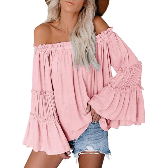 Sherrylily Womens Off The Shoulder Long Bell Sleeve Flared Casual Loose Tops