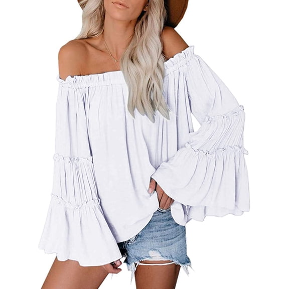 Sherrylily Womens Off The Shoulder Long Bell Sleeve Flared Casual Loose Tops