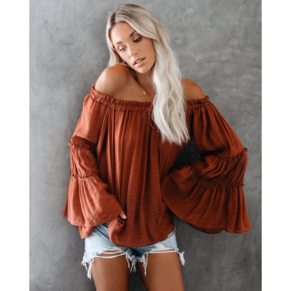 Sherrylily Womens Off The Shoulder Long Bell Sleeve Flared Casual Loose Tops