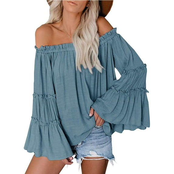 Sherrylily Womens Off The Shoulder Long Bell Sleeve Flared Casual Loose Tops