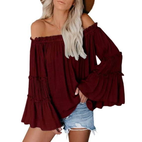 Sherrylily Womens Off The Shoulder Long Bell Sleeve Flared Casual Loose Tops