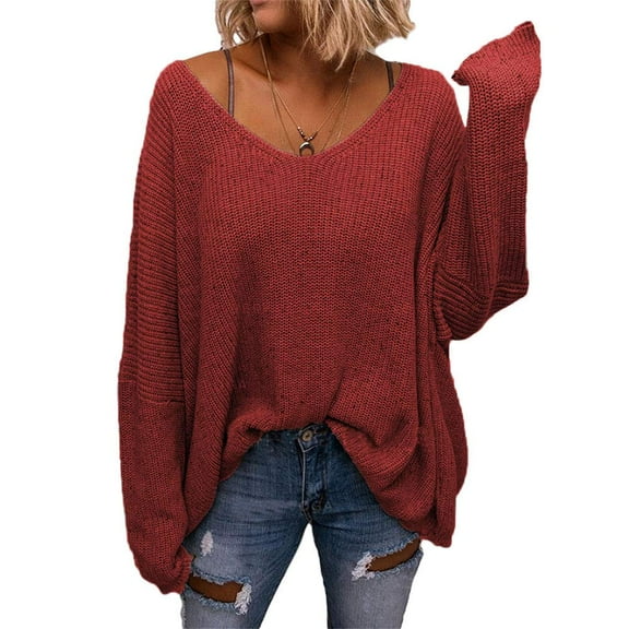 Sherrylily Womens V Neck Oversized Pullover Tops Long Sleeve Knit Loose Sweater