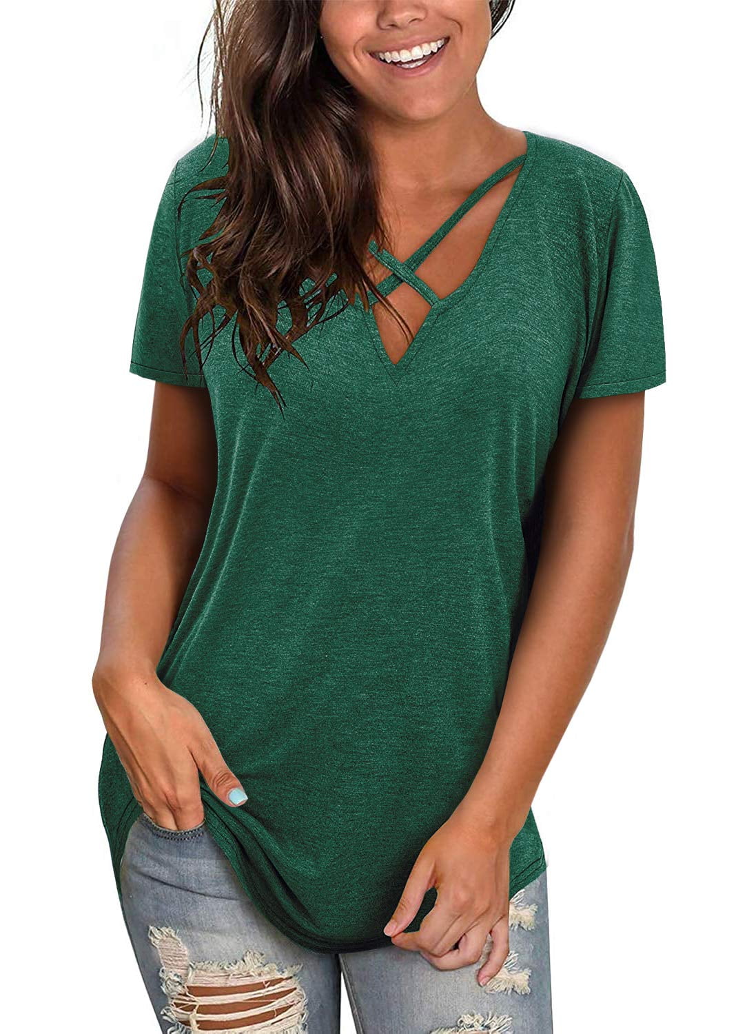 Sherrylily Womens V Neck Short Sleeve T Shirts Criss Cross Casual Loose  Cotton Tees Tops 