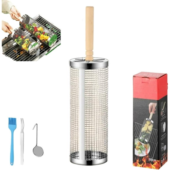 Sherum Rolling Grill Basket Set - Removable Wooden Handle, 304 Stainless Steel, Dishwasher Safe BBQ Grill Basket for Veggies, Fish, Shrimp, Outdoor Cooking, Camping, BBQ Accessories for All