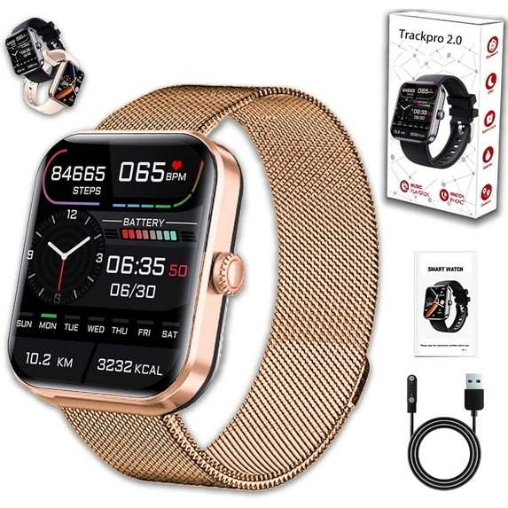 Sherum Trackpro 2.0, Sherum Outfany Trackpro 2.0, 1.91-Inch Touch Screen Bluetooth Hd Smartwatch, Ip67 Waterproof 50+ Sports Fitness Watch Compatible with Iphone and Android for Men Women (Gold-A)