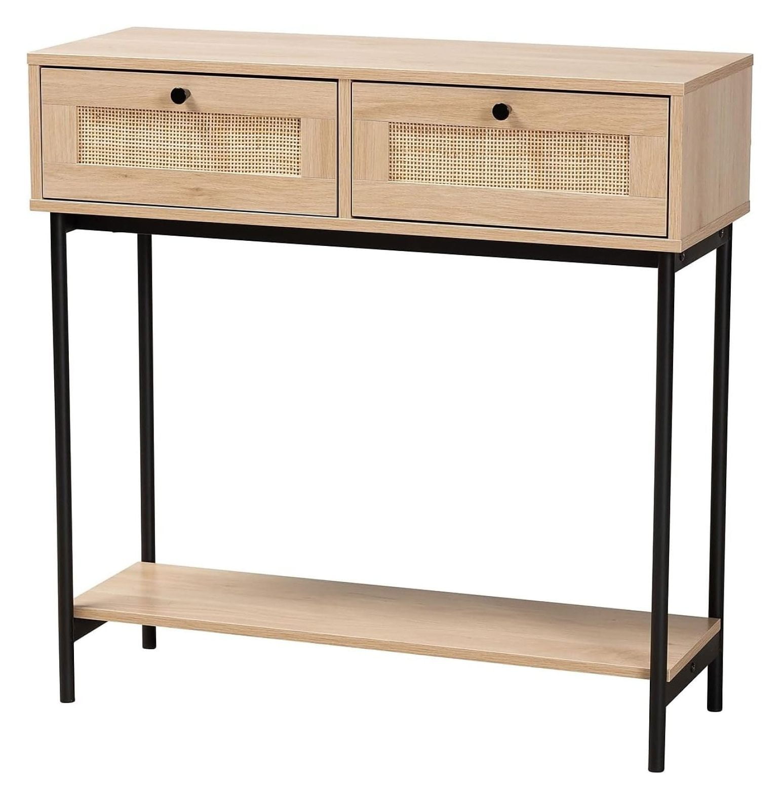 Sherwin Light Brown and Black 2-Drawer Console Table with Rattan Accent