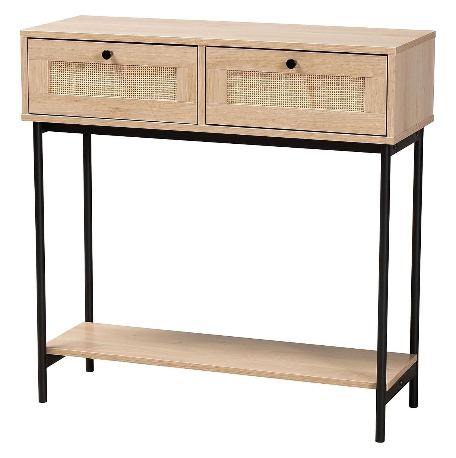 Sherwin Light Brown and Black 2-Drawer Console Table with Rattan Accent