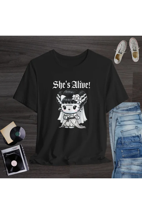 Shes Alive Bride Kitty Cute Gothic Halloween Monster Graphic Unisex T-Shirt up to size 5XL