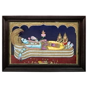 Shesha Shayi Vishnu Tanjore Painting | Traditional Colors With 24K Gold | Teakwood Frame | Gold & Wo