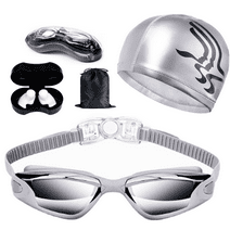 Shetinar Swim Goggles Unisex-Adult Swimming Goggles Watertight Fit Orbit-Proof Seals Anti-Fog Coated Mirror with Nose Clip, Earplugs, Swim Cap and Case, Grey.