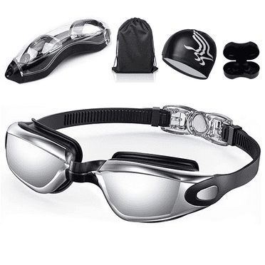Shetinar Swim Goggles Waterproof Fitted Track with Storage Pouch, Ear Plugs, Swim Cap and Case, Goggles in Swimming for Teen Youth Adult Women Men Kids,Black.