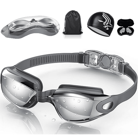 Shetinar Swim Goggles Waterproof Fitted Track with Storage Pouch, Ear Plugs, Swim Cap and Case, Goggles in Swimming for Teen Youth Adult Women Men Kids,Grey.