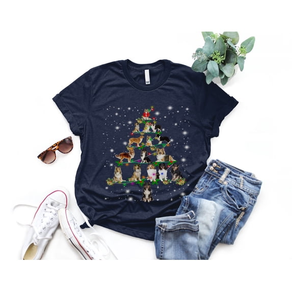 Shetland Sheepdog Christmas Tree T-Shirt, Funny Dog Lover Gift, Shetland Sheepdog Christmas Lights Shirts, Christmas Shirts for Women Men