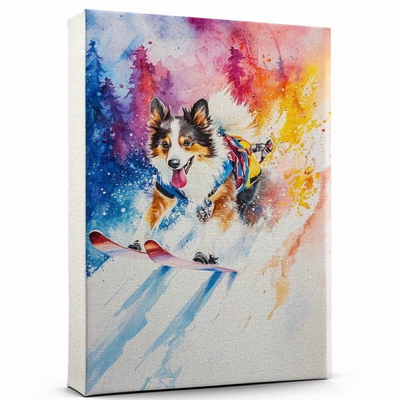 Shetland Sheepdog Dog Canvas Skiing Stretched Canvas Size 8x12 – Funny Shetland Sheepdog Dog Canvas Wall Decor, Funny Dog Wall Art for Skiing Room