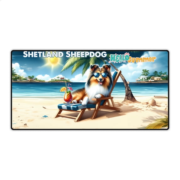 Shetland Sheepdog Hello Summer Beach Theme with Sunglasses and Tropical Cocktail Desk Mat Full Keyboard Mouse Pad Sheltie Dog Lover Gifts Large Mousepad - 00009