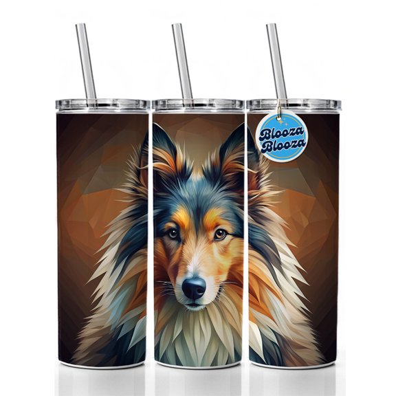 Shetland Sheepdog Sheltie Dog Abstract Stylized Art 20oz Insulated Water Bottle Skinny Tumbler Includes Straw