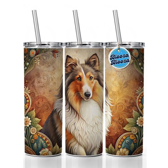 Shetland Sheepdog Sheltie Dog French Bohemian Art 20oz Insulated Water Bottle Skinny Tumbler Includes Straw