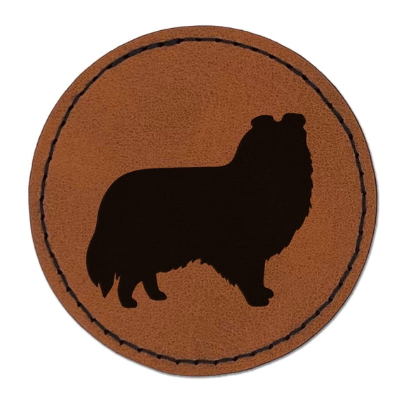 Shetland Sheepdog Sheltie Dog Solid 2.5" Faux Leather Round Engraved Iron-On Patch - Brown