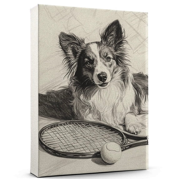 Shetland Sheepdog Vintage Dog Tennis Canvas – Artistic Sports, Shetland Sheepdog Dog with Tennis Stretched Canvas Size 8x12 Wall Print for Bedroom, Living Room, Office