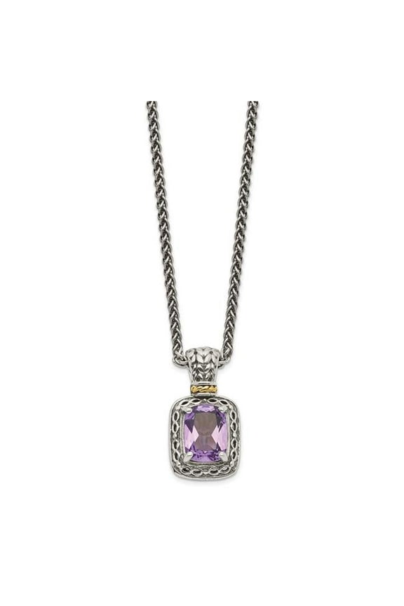 Sterling Silver with 14K Accent 18 inch Antiqued Cushion Amethyst Necklace