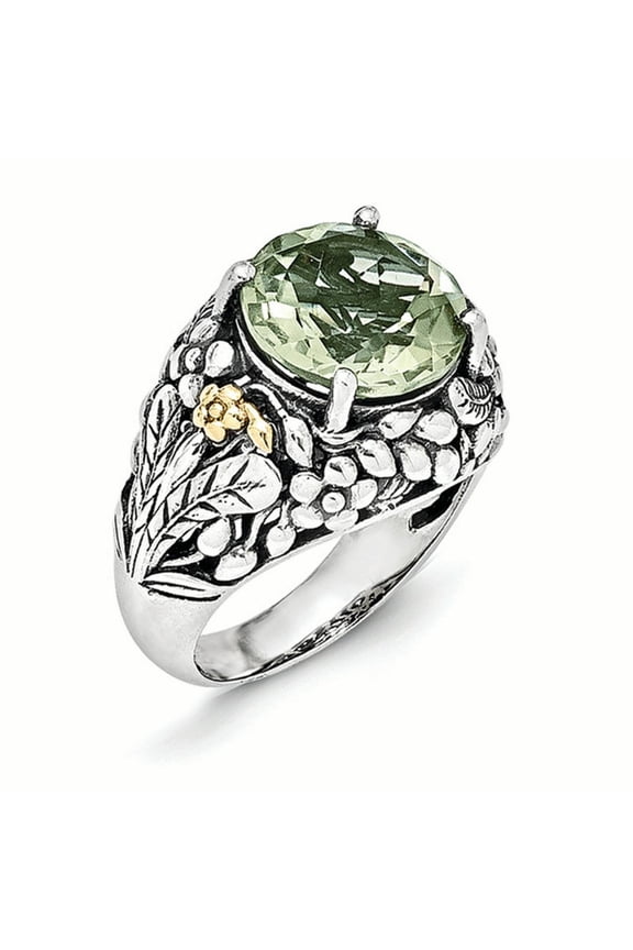 Sterling Silver with 14K Accent Antiqued Round Green Quartz Ring