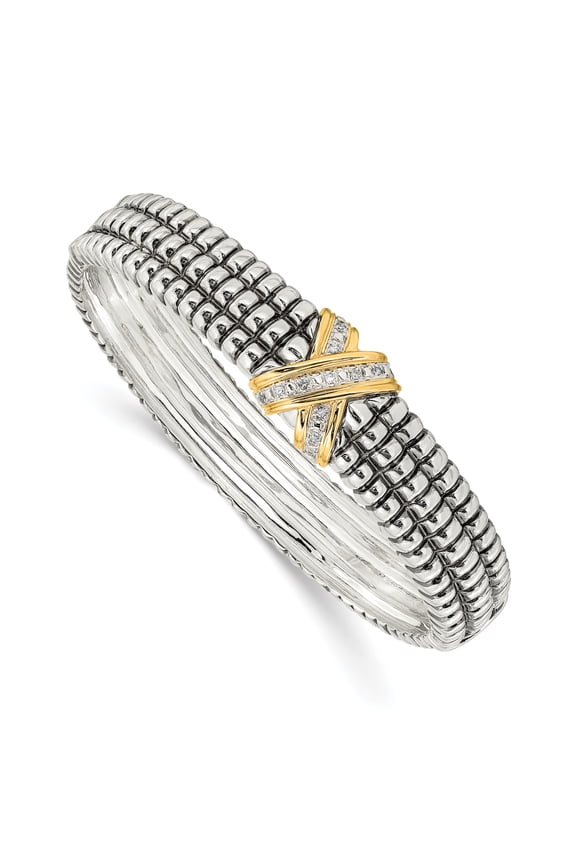 Sterling Silver with 14K Accent Antiqued Diamond Hinged Bangle Bracelet