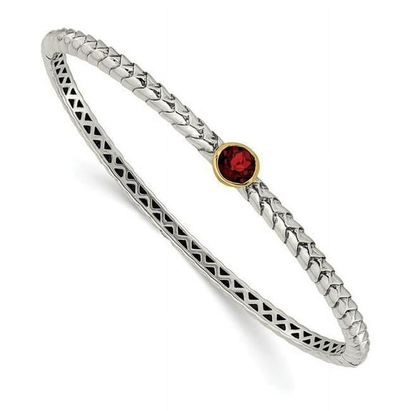 Shey Couture Sterling Silver with 14K Accent Antiqued Round Bezel Garnet Bangle Bracelet QTC140