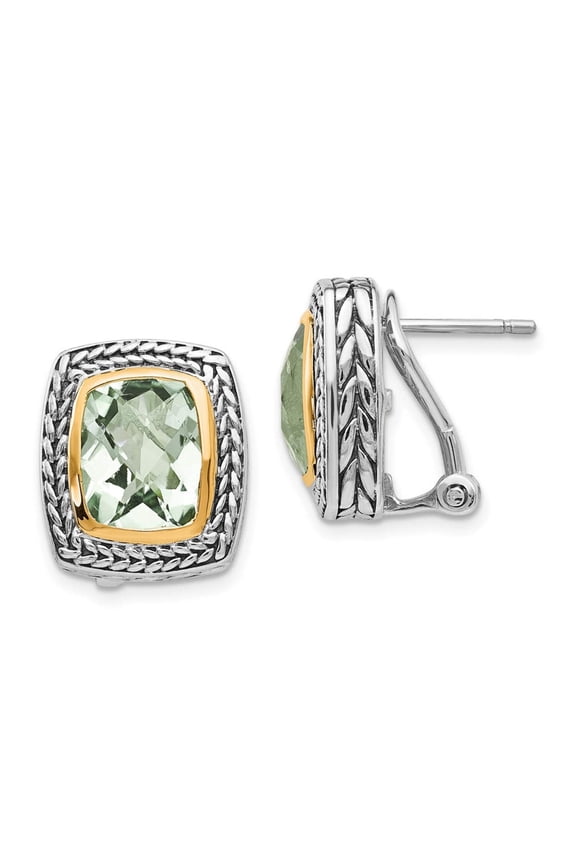 Shey Couture Sterling Silver with 14K Accent Antiqued Cushion Bezel Green Quartz Omega Back Earrings QTC194