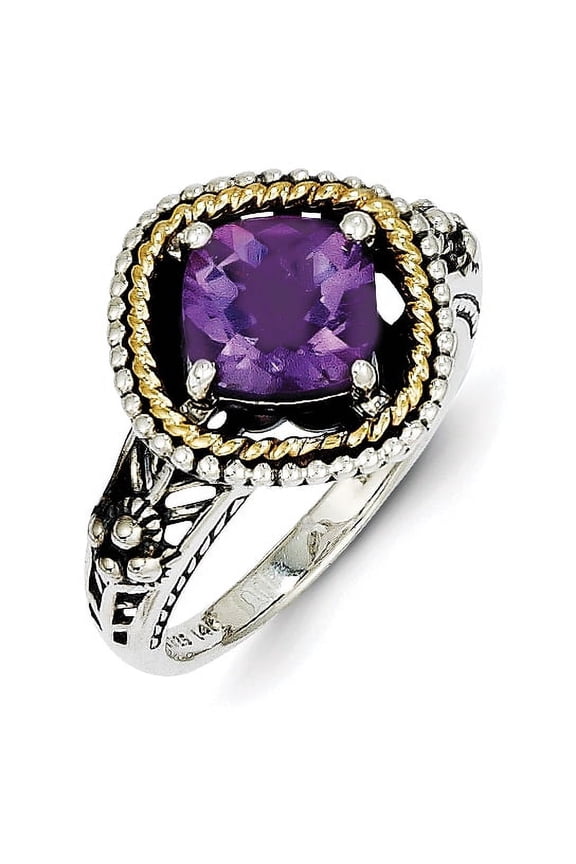 Shey Couture QTC350-7 5 mm Sterling Silver with 14K Gold Amethyst Ring, Antiqued - Size 7