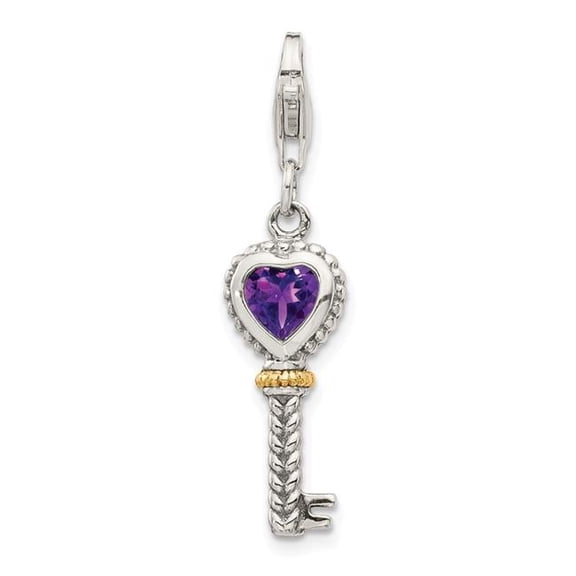Shey Couture Sterling Silver with 14K Accent Antiqued Heart Amethyst Antiqued Key with Lobster Clasp Charm QTC491