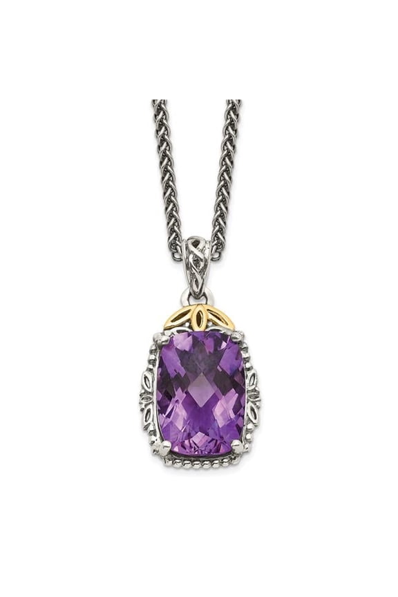QTC685 3 mm Sterling Silver with 14K Gold Amethyst Necklace, Antiqued