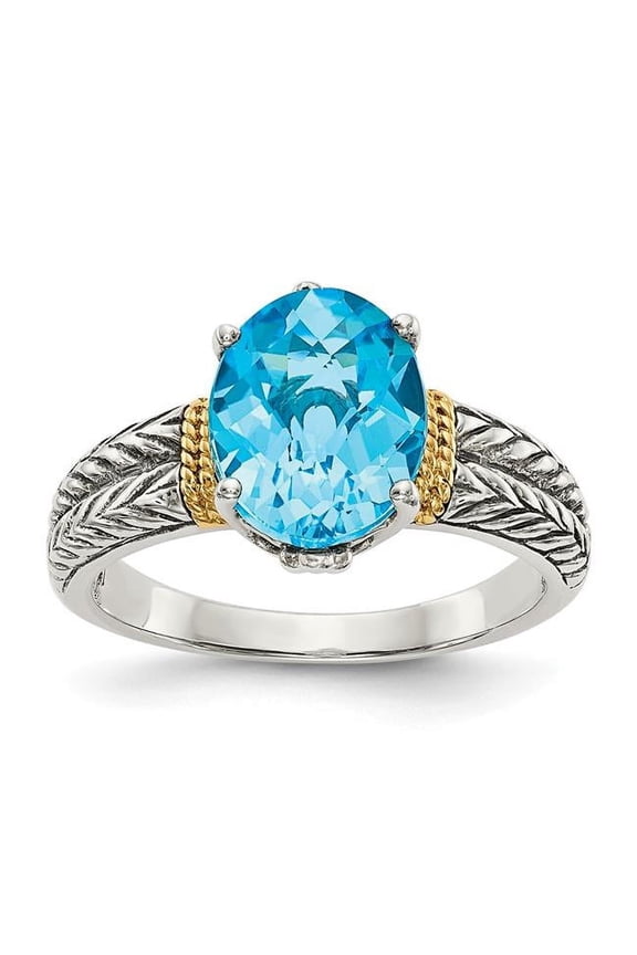 925 Sterling Silver Polished Artisan Oxidized Prong set With 14k Blue Topaz Ring Size 8 Band Style-Ring for Women