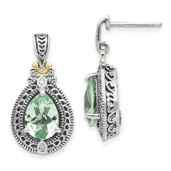 Shey Couture Sterling Silver with 14K Accent Antiqued Diamond and Pear Shaped Green Quartz Post Dangle Earrings QTC886