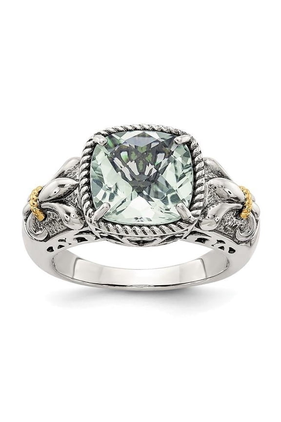 Sterling Silver with 14K Accent Antiqued Cushion Green Quartz Ring QTC908