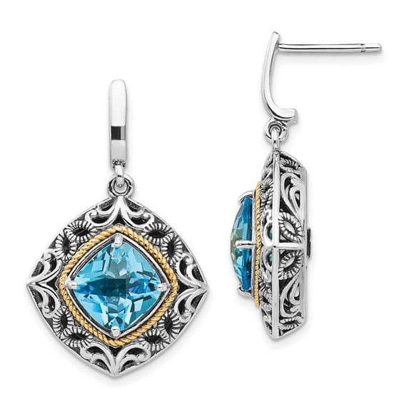 Shey Couture Sterling Silver with 14K Accent Antiqued Cushion Blue Topaz Post Dangle Earrings QTC795