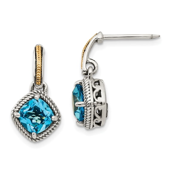 Shey Couture Sterling Silver with 14K Accent Antiqued Cushion Light Swiss Blue Topaz Post Dangle Earrings 14k/Silver Two-Tone Earrings