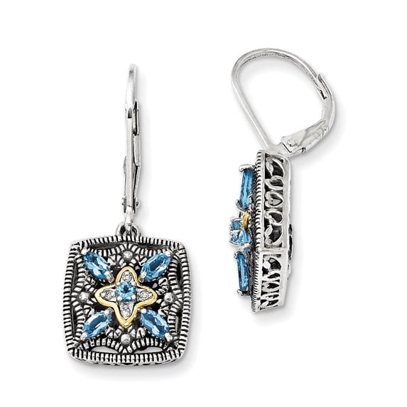 Shey Couture Sterling Silver with 14K Accent Antiqued Diamond and Marquise Blue Topaz Leverback Earrings 14k/Silver Two-Tone Earrings