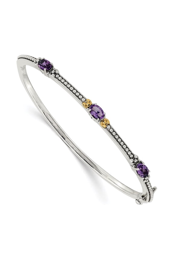 Sterling Silver with 14K Accent Antiqued Oval Amethyst Hinged Bangle