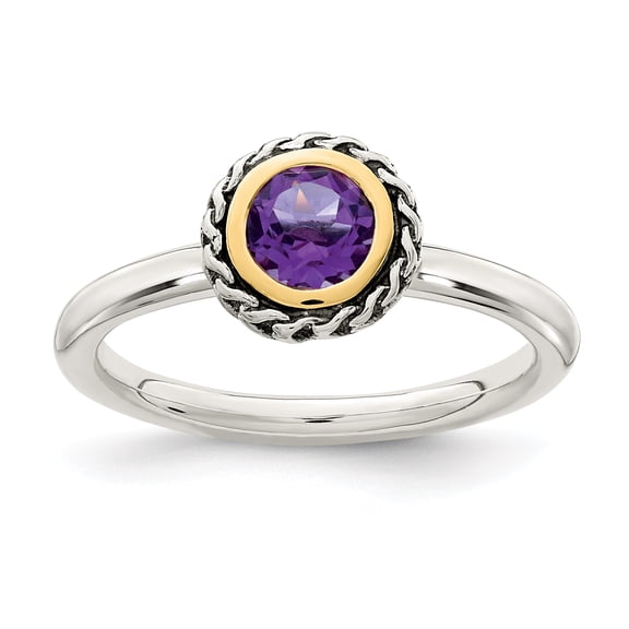 Shey Couture Sterling Silver with 14K Accent Antiqued Round Bezel Amethyst Ring QTC1590