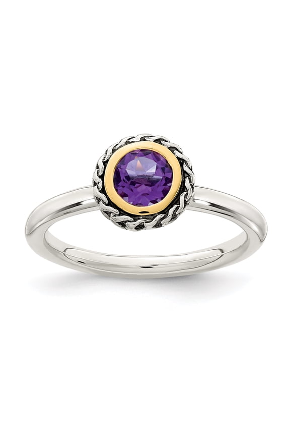 Shey Couture Sterling Silver with 14K Accent Antiqued Round Bezel Amethyst Ring QTC1590