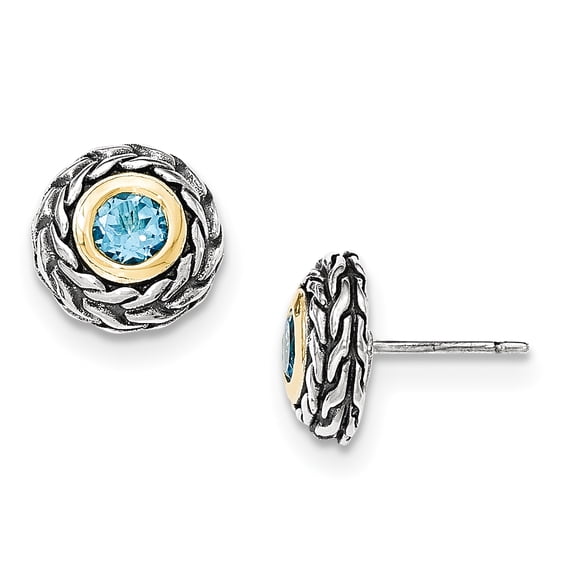 Shey Couture Sterling Silver with 14K Accent Antiqued Round Bezel Light Swiss Blue Topaz Post Earrings 14k/Silver Two-Tone Earrings