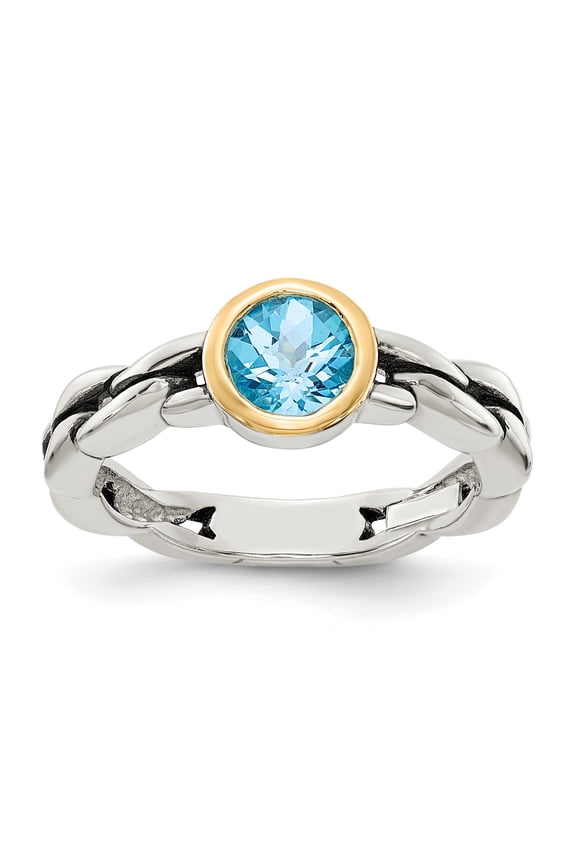 Sterling Silver with 14K Accent Antiqued Round Bezel Sky Blue Topaz Ring QTC148