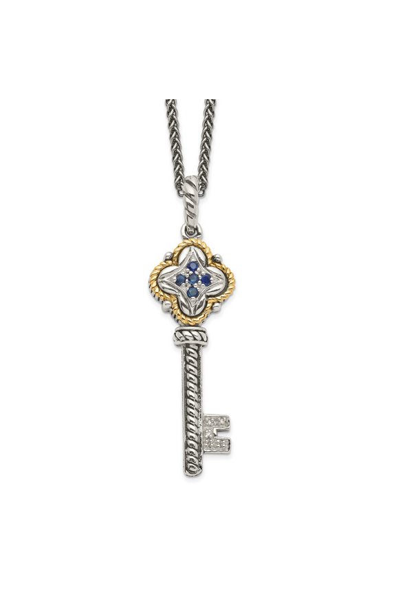 Sterling Silver with 14K Accent 18 Inch Antiqued Sapphire and Diamond Key Necklace