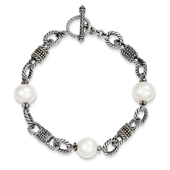 Shey Couture Sterling Silver with 14K Accent 7.5 Inch Antiqued 10-10.5mm Freshwater Cultured Pearl Bracelet
