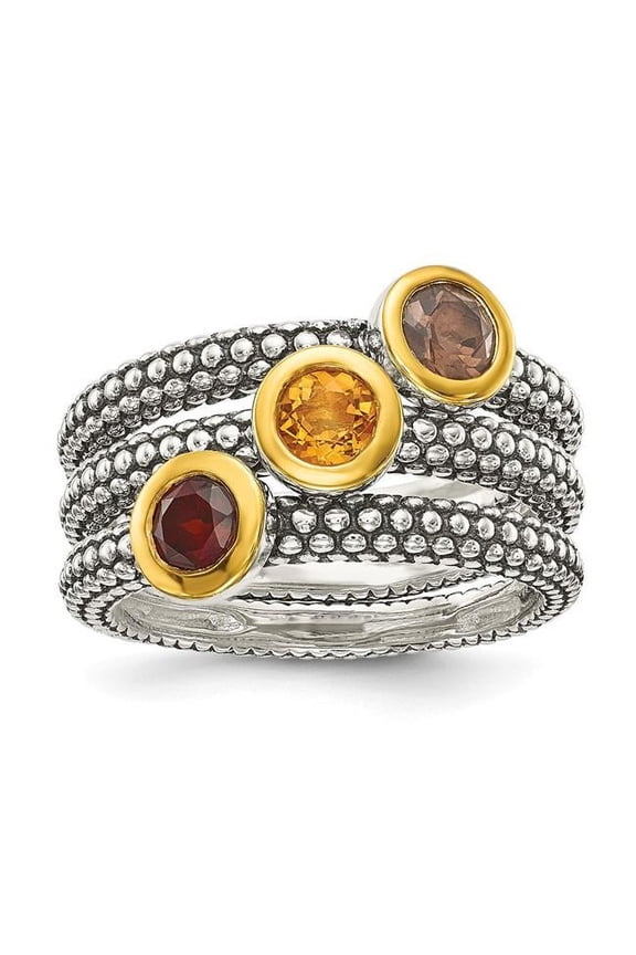 QTC24-6 Sterling Silver with Flash GP Garnet, Citrine & Smoky Quartz 3 Stackable Rings, Size 6