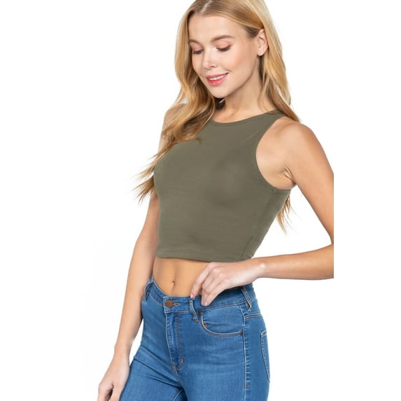 ShezPretty Women's Basic Sleeveless Halter Neck Tank Crop Top (Medium, Olive)